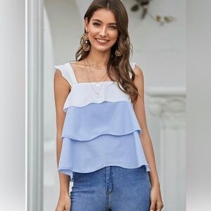 Gianni Bini Ruffle Layered Blouse XS Blue And White Stripe